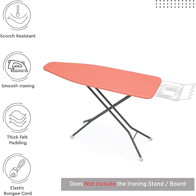 Encasa XO Ironing Board Cover and Pad 49"x18" - 4mm Felt Wide Iron Board Cover with Padding - Heat Resistant, Stain-Safe Dye, Non Slip Elastic Bungee Cord Tightening Iron Table Cover Coral