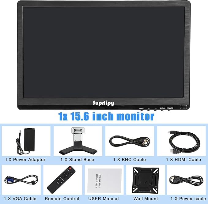 Suprlipy 15.6 inch FHD Small IPS Monitor LCD Display Screen 1920x1080 60Hz 16:9 with BNC VGA AV Input Built-in Lounspeakers for CCTV Security Camera DVR PC RasPi