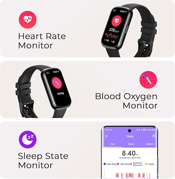 TIFOZEN Fitness Tracker for Women Men, Smart Watch Band with 24/7 Heart Rate Blood Oxygen Sleep Monitor, Calories Step Tracker Pedometer 3ATM Waterproof Activity Tracker for Android iOS, Black