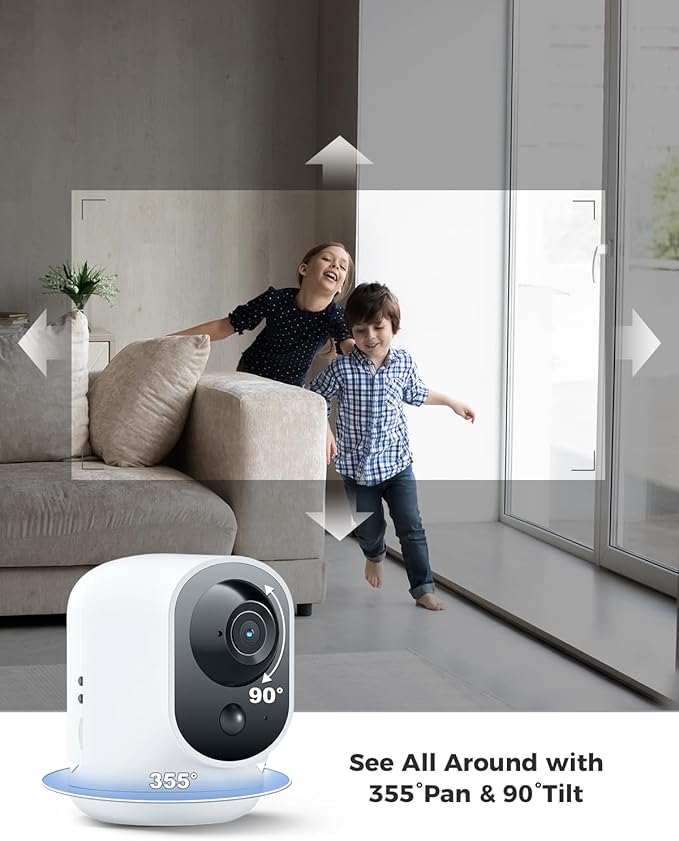 COCOCAM 2K Indoor Pan/Tilt Security Camera with 5200mAh Battery, WiFi Camera,Wireless for Baby Monitor/Pet/Home Security, AI Recognition, PIR Human Detection, 2.4G WiFi (White)