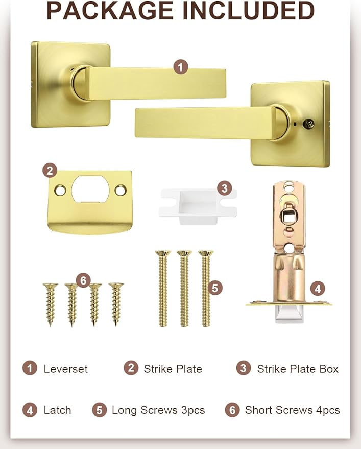 Mengico 2 Pack Passage Door Levers Gold Finish, No-Locking Keyless Square Door Knob, Interior Door Handles for Closet and Hallway, Reversible for Left & Right Handed