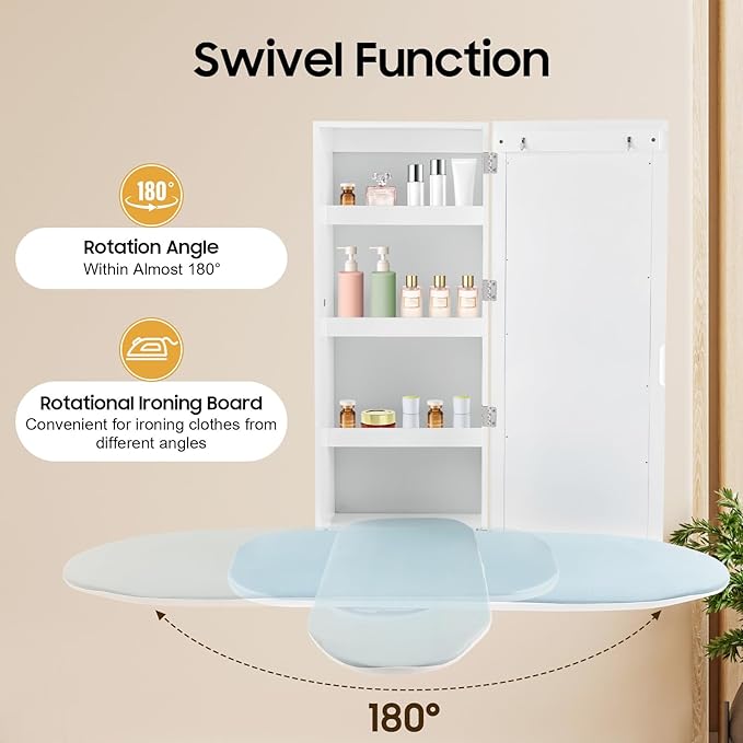 Ropoana Wall Mount Ironing Board Cabinet, Built-in Swivel Ironing Board Foldable with Storage, Wall Hanging with Mirror, Foldable Iron Storage Station for Home, Apartment, Checkrooms, White