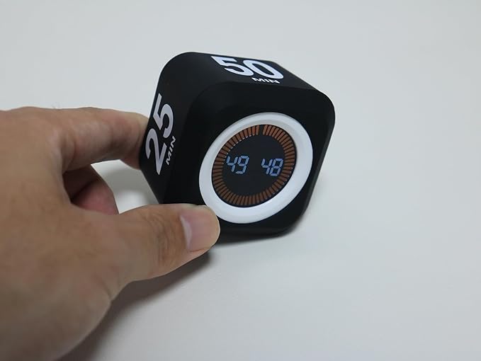 Rotating Cube Visual Pomodoro Timer 5, 25, 10 50 Minutes Preset + Custom Countdown, Rechargeable Desk Productivity Flip Timer with Detachable Silicone Cover for ADHD Study Work Kitchen School (Black)