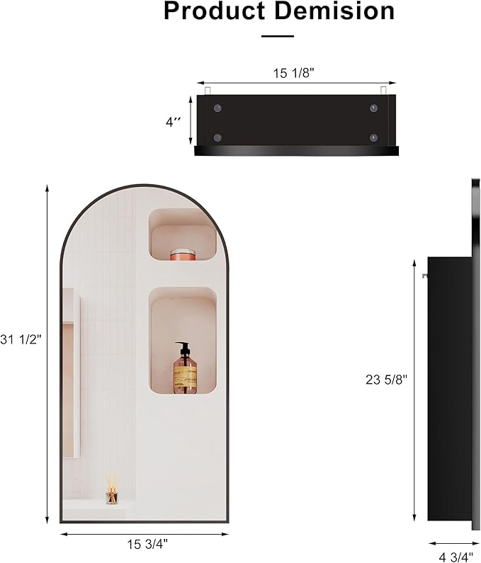 Black Arched Medicine Cabinet with Mirror, Arched Mirror Cabinet for Bathroom,Black Metal Edge Medicine Cabinet Surface Mount Only,Bathroom Arch Mirror Cabinet with Storage,16 x32 Inch