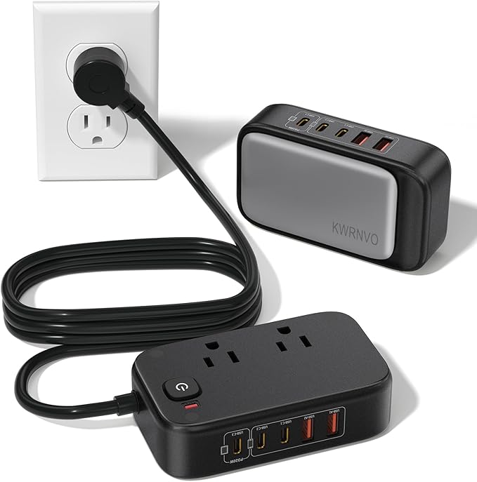 KWRNVO 5FT Travel Power Strip with USB Ports, 7-IN-1 Flat Extension Cord USB C Power Strip with 2500W AC Outlets, 3 USB-C Ports, 2 USB-A Ports Outlet Extender for Home/Office/Travel Essentials