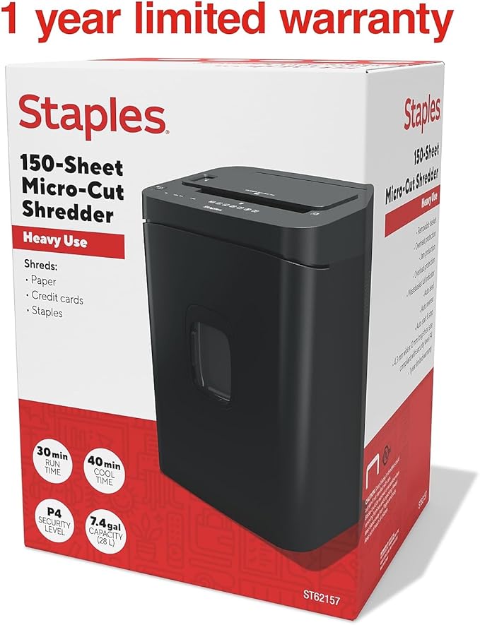 Staples 150-Sheet Micro-Cut Paper Shredder, Autofeed, Anti-Jam, 7.4-Gallon Pull-Out Bin, Black, for Home & Office