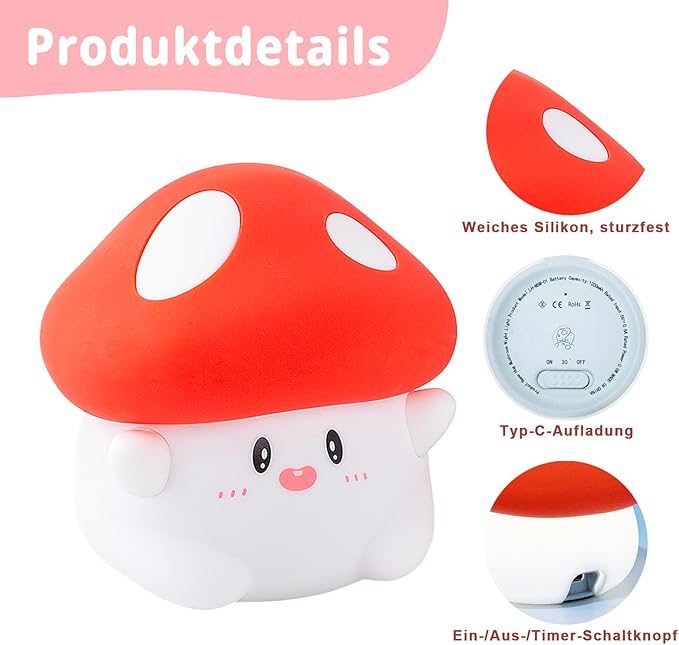Rytinazzz Hug Mushroom Night Light, 50-Hour Battery & Pat Control, Squishy Lamp for Kids Bedroom, Girls, USB Rechargeable with Timer, Valentines Gifts