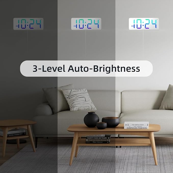 XUANZIT LED Digital Wall Clock with RGB Display, Mirror/White Surface, Big Digits, Auto-Brightness, Electric Wall Clock for Living Room, Bedroom, Kitchen, Office