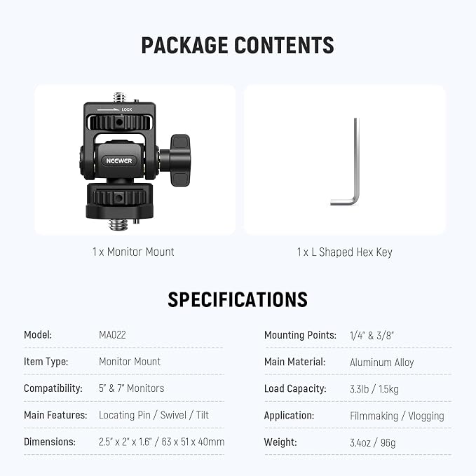NEEWER Camera Field Monitor Mount Holder Bracket, 360° Swivel 180° Tilt - Image 2