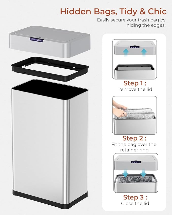 TLSUNNY 18.5 Gallon Motion Sensor Trash Can,Touchless Automatic Garbage Can,Brushed Stainless Steel Smart Bin,with Bag Holder,Soft Close Lid,for Kitchen,Office,RV,Bedroom,Living Room (Silver, 70L)