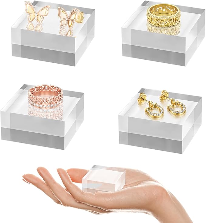 SAMYUCHO Acrylic Base 4 Pieces Acrylic Blocks for Display 2 X 2 X 1 Inch Square Riser Display Stands Trophy Base Pedestal Stands Clear Cube for Trophy Jewelry Props Food Party Crafts