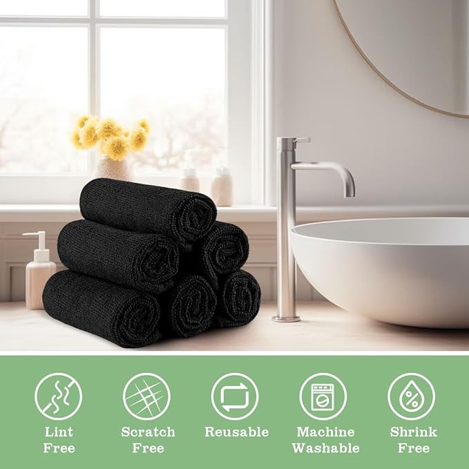 UNIMADE Washcloths Bulk - 100 Pack - Face Towels (12" x 12"), Highly Soft Wash Cloths and Hand Towels, Fast Drying Multi-Purpose Microfiber Cleansing Cloths for Bathroom, Hotel, Spa, and Salon - Black