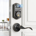 AkaGear DS10 Keyless Entry Door Lock with Handle - 2 Lever Handles, Fingerprint Door Lock, Keypad Deadbolt, 2 Keys, Code, Smart Locks for Front Door, Auto-Lock, Easy Installation - Oil Rubbed Bronze