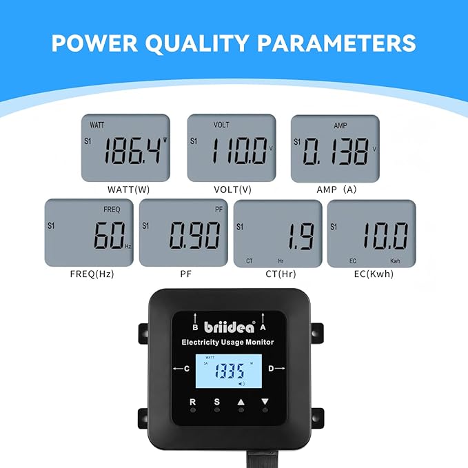 briidea Electricity Usage Monitor, 4-Outlet Power Consumption Watt Voltage Amp Meter Tester, Real-Time Energy Analyzer with Backlit LCD, Overload Alerts, Memory Function for Home Appliances