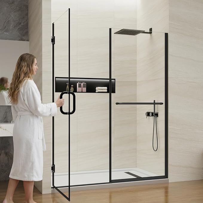 Pivot Swing Shower Door, Adjustable Width 58.9-60" W x 74" H Semi-Frameless Shower Glass Door with 5/16 in (8mm) Clear SGCC Tempered Glass with Nano Easy-Clean Coating (Matte Black with Towel Bar)