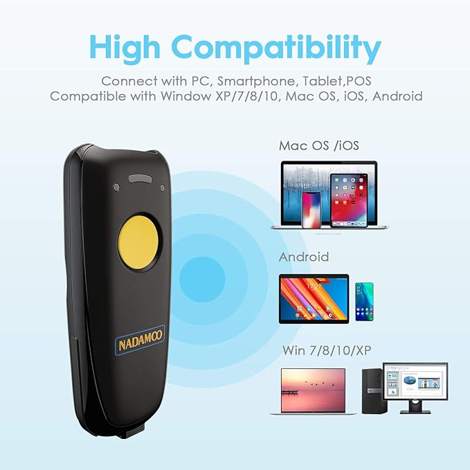 NADAMOO 2D Wireless Barcode Scanner Compatible with Bluetooth, Portable USB 1D 2D QR Code Scanner for Inventory, Bar Code Image Reader for Tablet iPhone iPad Android iOS PC POS, with Charging Dock