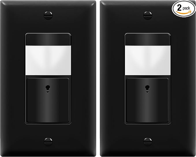 TOPGREENER Motion Sensor Switch, PIR Sensor with Ambient Light Level, Occupancy & Vacancy Modes, No Neutral Required, Ground Wire Required, 5A 150W LED/CFL Single Pole, TDOS5-JM-BK-2PCS, Black, 2 pack