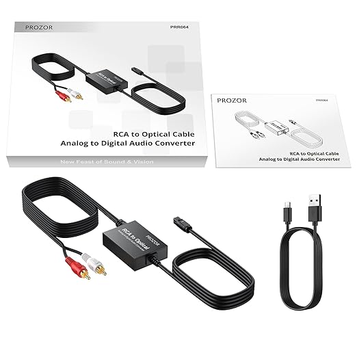 PROZOR Analog to Digital Audio Converter, RCA to Optical Audio Converter, with Built-in RCA to Optical Cable, Analogue Signals into Digital Audio, for Turntable/CD/DVD to Soundbar (Not Reversible)