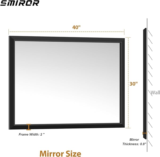 SMIROR Matte Black Bathroom Mirror for Over Sink 40x 30 inch, Metal Thick Frame Rectangle Vanity Mirror for Wall, Anti-Rust, Horizontally or Vertically Mounted