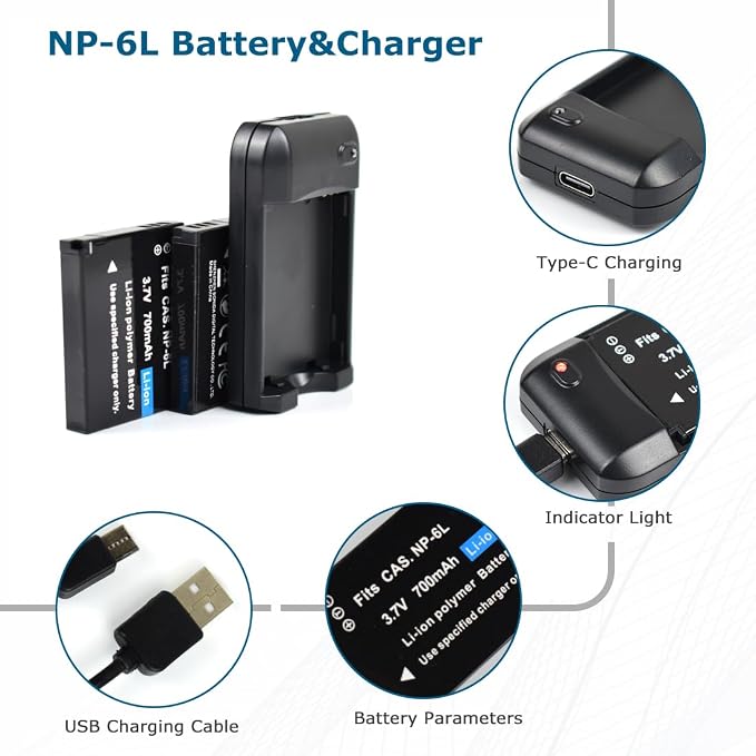 NP-6L Battery Charger + 2 pcs Rechargeable 3.7V 700mAh Batteries - Image 2