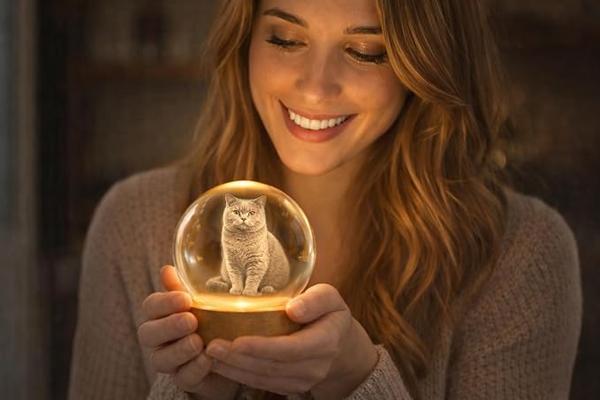 Herihues Personalized 3D Photo Crystal Ball, Custom Engraved Picture Lamp with Wood Base, Night Light for Pet Lovers, Cat Memorial Gifts, Loss of Pet Sympathy Gift Night Light, Cat Mom Gifts