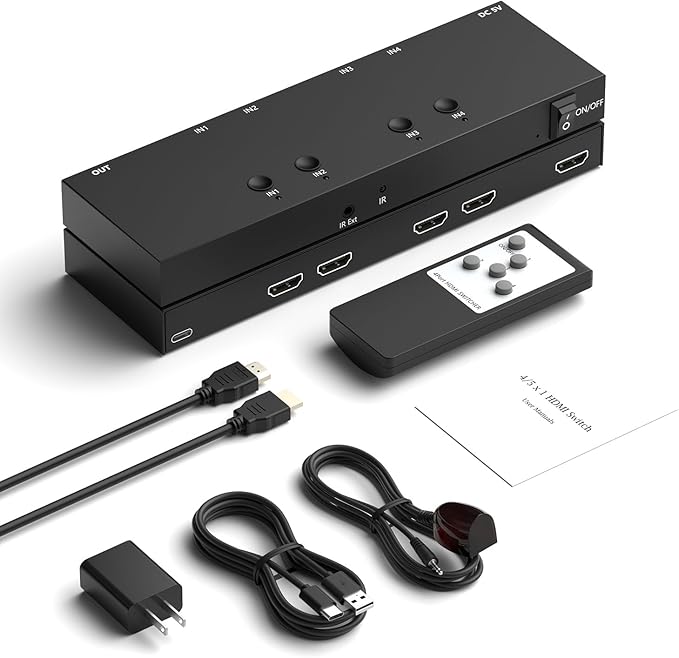 4 in 1 Out HDMI Converter with 4k@60Hz HDMI Switch & Infrared Remote Control - Ideal for Nintendo Switch/OLED/Xbox PS5/4/3 Blu-Ray Player Fire TV Stick Roku Apple TV Chromecast PC