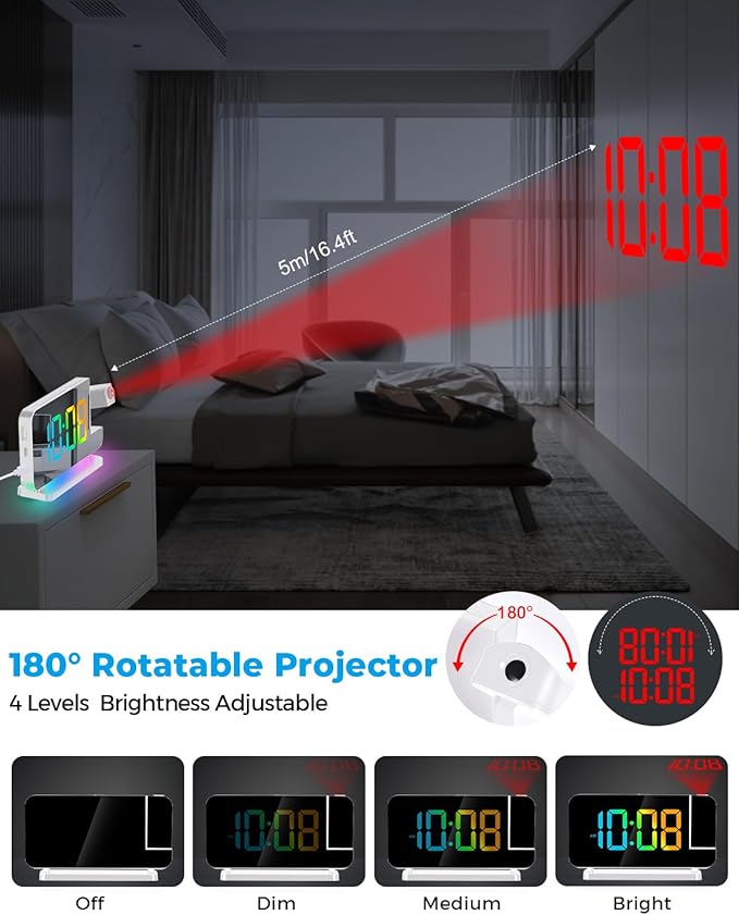 SZELAM Projection Alarm Clock,7.4" LED Mirror Digital Clocks Large Display,with 180° Rotatable Projector,RGB Night Light,USB C Port,Auto Dimming,Modern Desk Clock for Bedroom Decor - White