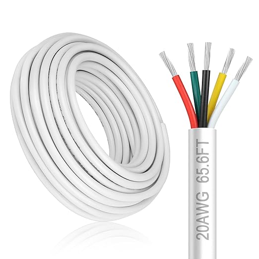 20 Gauge 5 Conductor Electrical Wire, 65.6FT White Stranded Low Voltage 20/5 PVC Case, 20 AWG Tinned Copper 5 Wire Extension Power for Strips LED Lamp Lighting