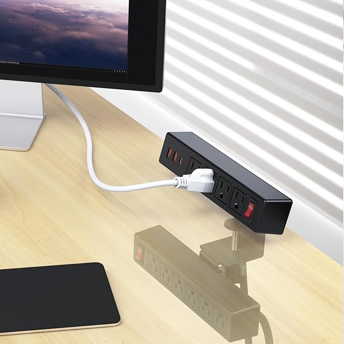 Dual Layer Desk Clamp Power Strip Surge Protector, Under Desk Power Strip with 10AC Outlets & 3 USB(20W USB-C), Desktop Edge Mount Charging Station, 6 Ft Extension Cord for Office Home (ETL Listed)