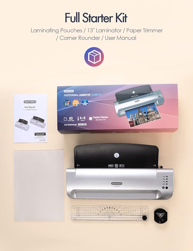 SINOPUREN 13-Inch Thermal & Cold Laminator Machine, Quick Warm-Up, 3 Temp Settings, Jam-Free ABS, Built-in Paper Trimmer & Corner Rounder, 10 Laminating Pouches, for Home Office School