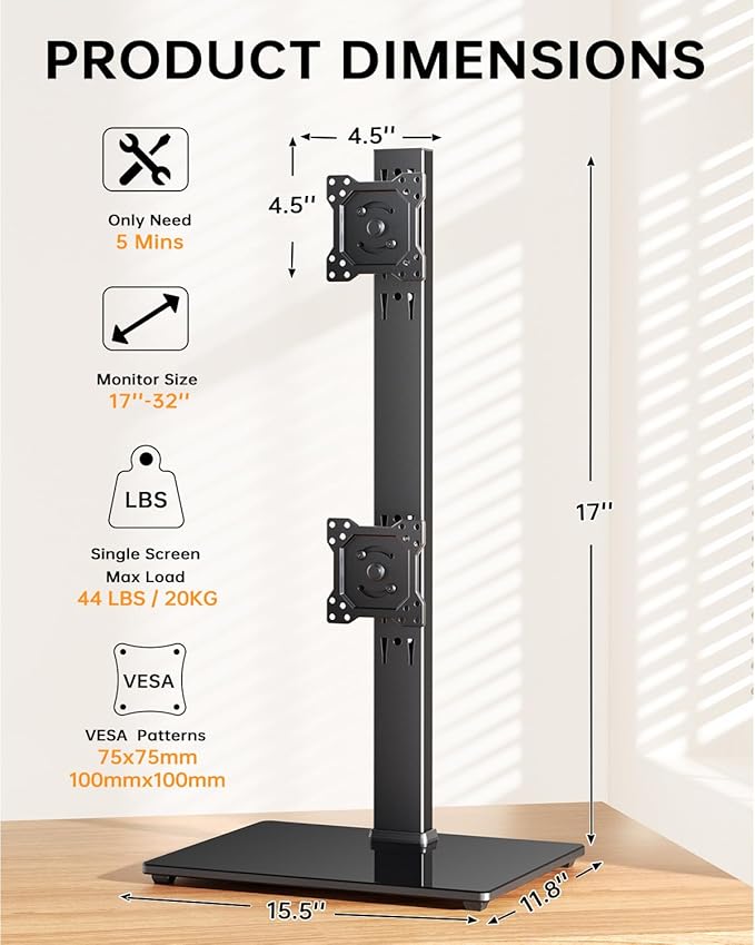 Dual Monitor Stand, FreeStanding Desk Stand for Two 13-32 inch Screens, Vertical Monitor Riser with Swivel, Tilt, Rotation, 4 Height Options, Holds One (1) Screen Up to 77Lbs, VESA 75x75mm/100x100mm