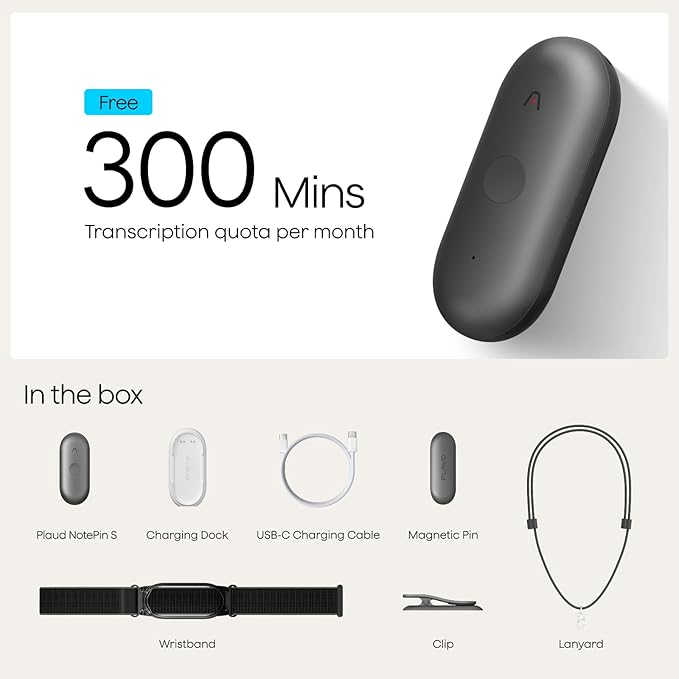 Plaud NotePin S AI Voice Recorder, Wearable AI Notetaker, AI Transcribe & Summarize, Support 112 Languages, 64GB Memory, Audio Recorder for Meetings Interviews with 4 Accessories