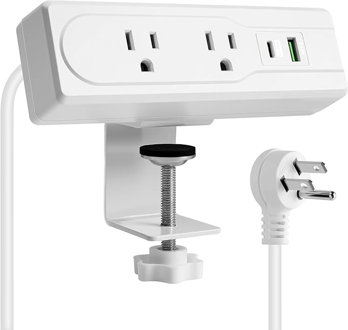 Desk Clamp Power Strip with 6 Feet Extension Cord,45 Degree 3-Prong Thin Flat Plug, 2 Widely Spaced AC Outlets,2 USB Port (20W PD USB-C & 18W QC3.0 USB-A) Desk Edge Mount Power Strip,16AWG, ETL Listed