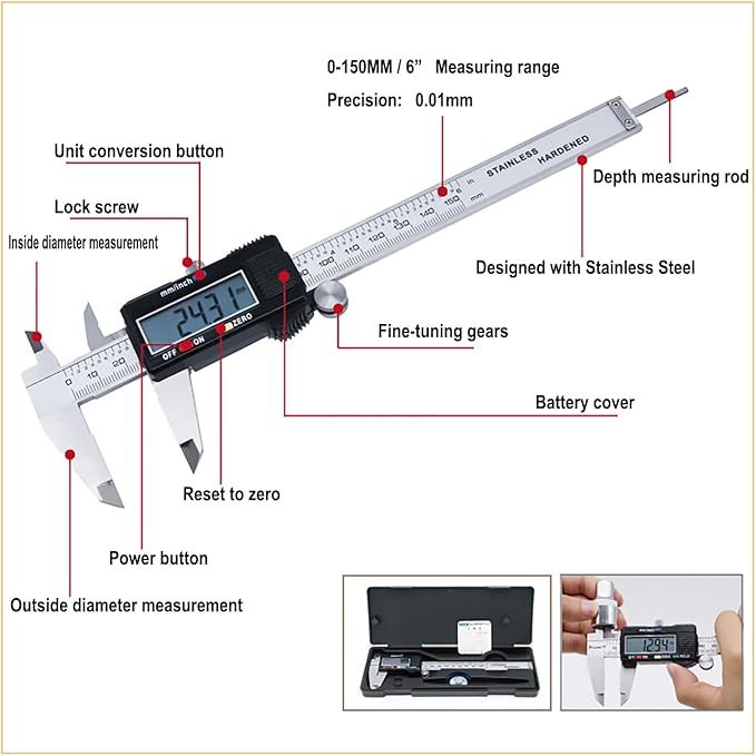Digital Caliper,Electronic Digital Calipers, YKLSXKC 0-6" Calipers Measuring Tool, Stainless Steel Construction with Large LCD Screen, Auto-Off Feature for 3D Printing,Inch and Millimeter Conversion