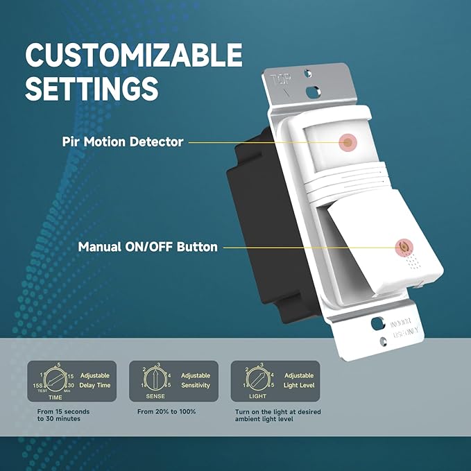 ECOELER Motion Sensor Light Switch, Occupancy & Vacancy Model Motion Activated Wall Switch, Single Pole Sensor Switch for Laundry, Garage, Neutral Wire Required, UL & FCC Listed