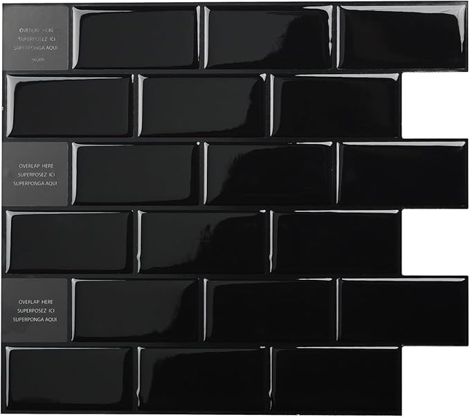 SMART TILES Peel and Stick Backsplash - 10 Sheets of 10.95" x 9.70" - 3D Adhesive Peel and Stick Tile Backsplash for Kitchen, Bathroom, Wall Tile, Subway Nero