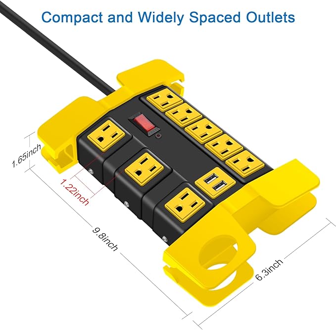 Heavy Duty Power Strip with USB, Workshop 8 Outlet Surge Protector 2700 Joules, Industrial Metal 15Amp Power Strip, 10 FT Extension Cord and Wide Spaced Black.