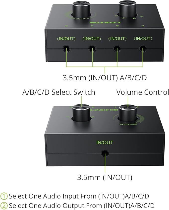 LiNKFOR 4 Port 3.5mm Stereo Audio Switch, 4 Way Stereo Audio Selector, 4 Input 1 Output / 1 Input 4 Output Audio Splitter with Volume Control and 4 Channel Switch Knob