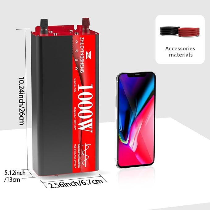 1000W Pure Sine Wave Inverter 12V DC to 120V AC (2000W Peak) Car Power Inverter with LCD Display, Dual USB 3.4A, Aluminum Housing, 95% Efficiency - Compact Power Inverter for RV Home Solar