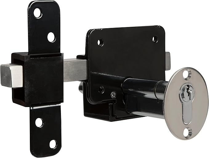 GateMate Long Throw Gate Lock, Euro Profile Keyed Both Sides Gate Lock for Sheds, Gates & Garage Doors, 316 Stainless Steel, for Wooden Gates & Doors Up to 2” Thick (50mm), Black, 5 Keys