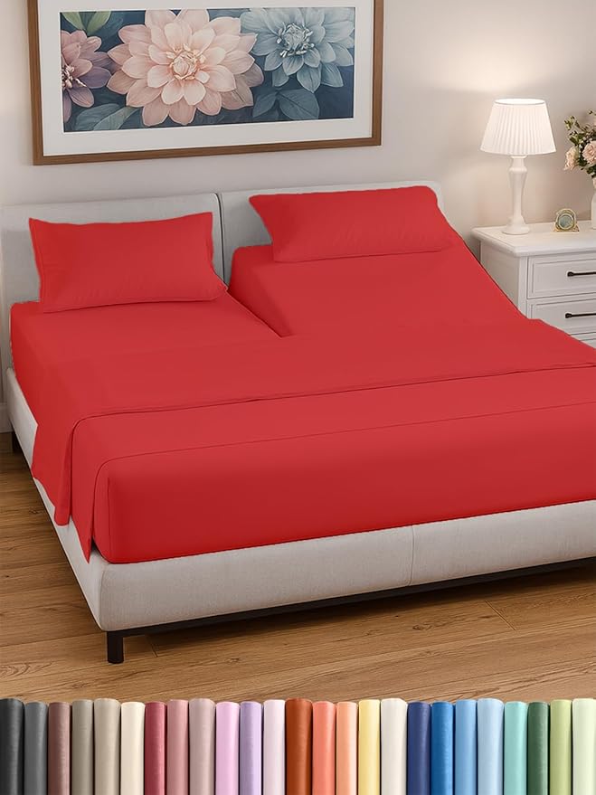 Split Head King Sheet Set – 4 Piece Flex Split Top King Sheets for Adjustable Beds - Fits 14” to 16" Mattress with Deep Pockets - Ultra-Soft, Breathable & Cooling - Luxury Bedding & Wrinkle Free - Red