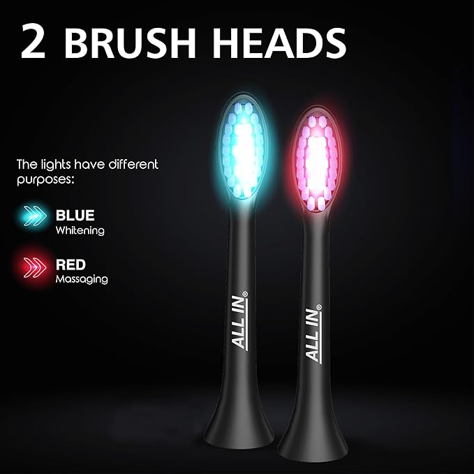 ALL IN Sonic LED Whitening Toothbrush and Replacement Heads Full Set - Blue & RED LED Light Technology - 4 Advanced Deep Cleaning Modes with a Timer - Adult Toothbrush - BPA Free and PHTHALATES Free