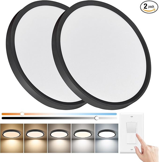 15.8 Inch Dimmable LED Flush Mount Ceiling Light, 32W, 3480LM, 3000K/3700K/4000K/5000K/6000K, Round Flat Panel Low Profile Ceiling Light Fitures for Hallway, Kitchen, Bedroom, 2PK Black