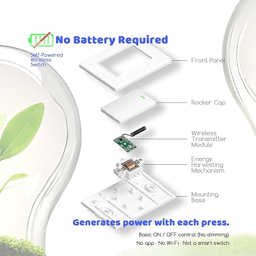 Wireless Light Switch and Receiver Kit (2V1), Self-Powered (No Battery Required), No WiFi Needed, Remote Control Lighting Switch for Indoor and Outdoor Light Fixtures