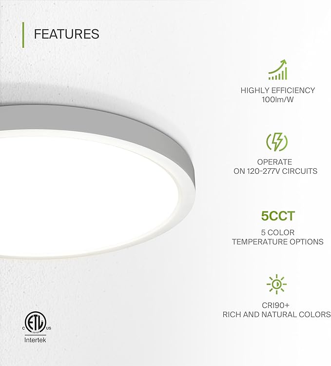 ASD LED 15" Round Flush Mount Ceiling Light Fixture, Low Profile Surface Lighting | 5CCT, Dimmable, Ultra-Thin, ETL Listed | 28W 2300LM 2700-6000K 100-277V | Kitchen, Bedroom, Hallway Lamp | White