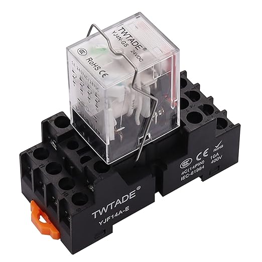 TWTADE/DC 24V Relay 5A Electromagnetic Power Coil Relay 14 Pins 4PDT 4NO+4NC HH54P MY4J with Indicator Light & Socket Base -YJ4N-GS