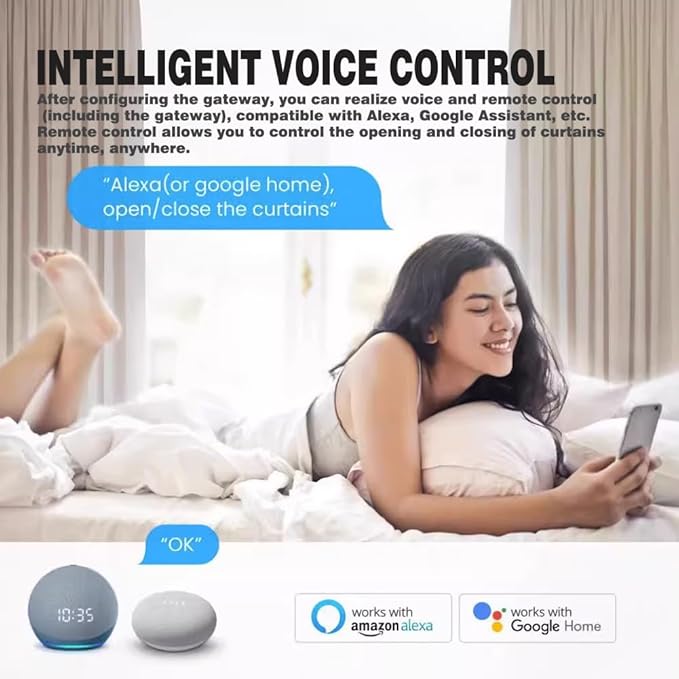 Smart Automatic Curtain Opener - Remote Control with App/Timer/Voice,Upgraded High-Performance Motor, Automatic Light Sensor, Add Gateways, For Google Alexa,No Remote (for Roman rod/T/U track 3in1)