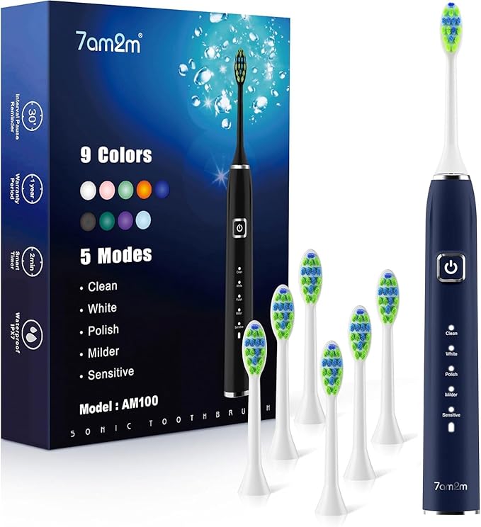 7AM2M Ultrasonic Electric Toothbrush with 6 Brush Heads for Adults&Kids, One Charge for 120 Days, USB-C Charge, 5 Modes, 40000VPM Powered Toothbrush, 2 Minutes Built in Smart Timer (Navy Blue)