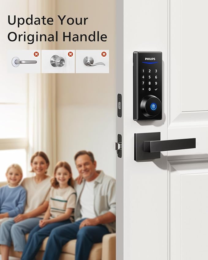 Philips Smart Lock with Handles, Keyless Entry Door Lock Set, Smart Door Lock with 2 Level Handles, Digital Keypad Deadbolt for Front Door, App Fingerprint PIN Code Unlocking, Auto Locking
