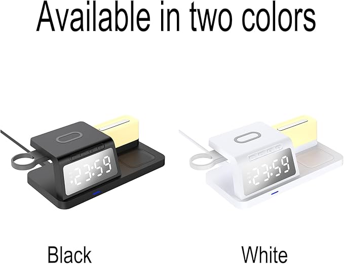 FJHBL Multi-Functional Wireless Charger with Clock -HT309(White), Alarm, Color-Switchable Night Light, 15W Wireless Charging, Compatible with Almost All Qi-Enabled Phones, Watches, and Earbuds.